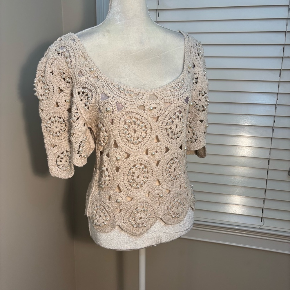 NWT Anewsta Elegant Cream Pearl Crochet Women's Top